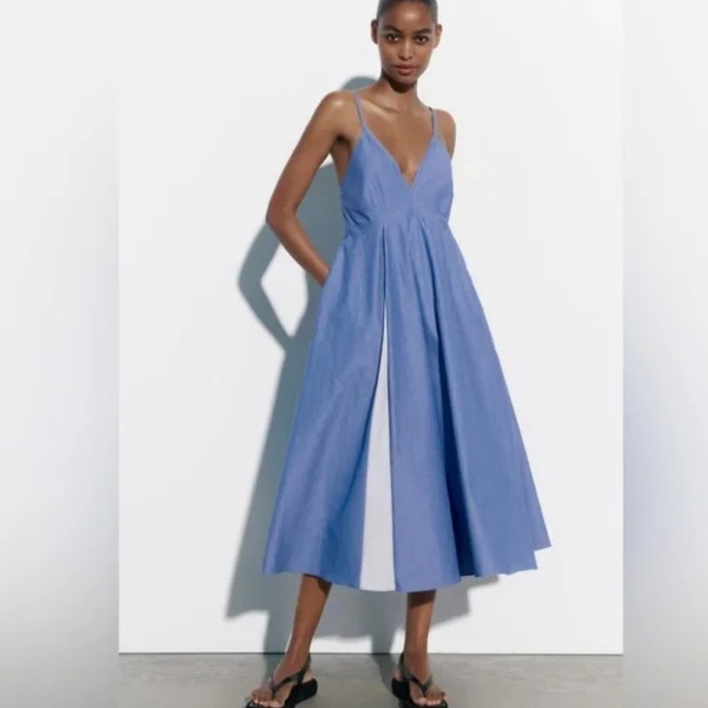 ZARA Poplin Striped Midi Dress SMALL